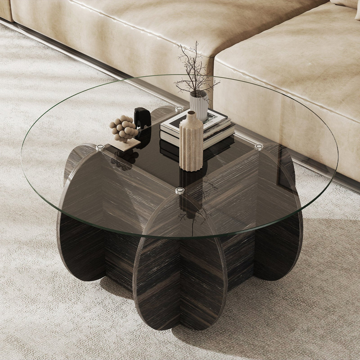 35" Round Coffee Table Unique Circle Center Table with Tempered Glass Top and Solid Wood Base-Black