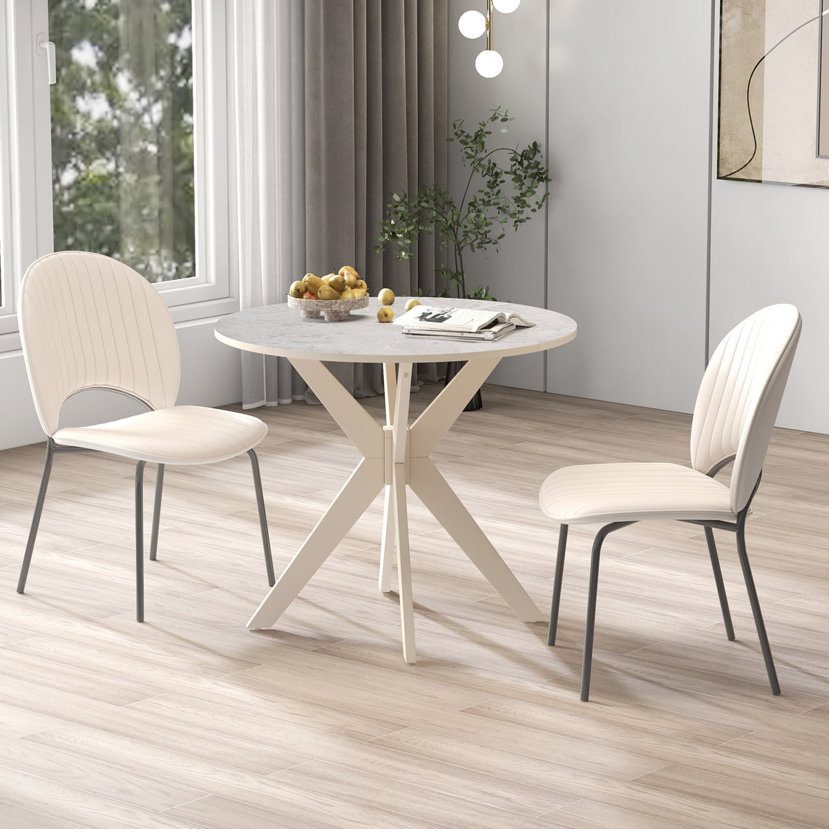 36-Inch Mid Century Modern Kitchen Table with Faux Marble Tabletop and Solid Rubber Wood Legs