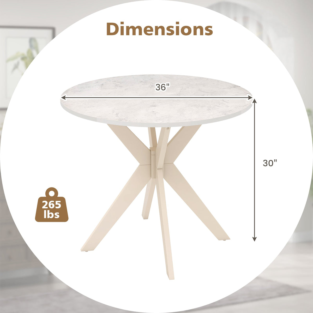 36-Inch Mid Century Modern Kitchen Table with Faux Marble Tabletop and Solid Rubber Wood Legs