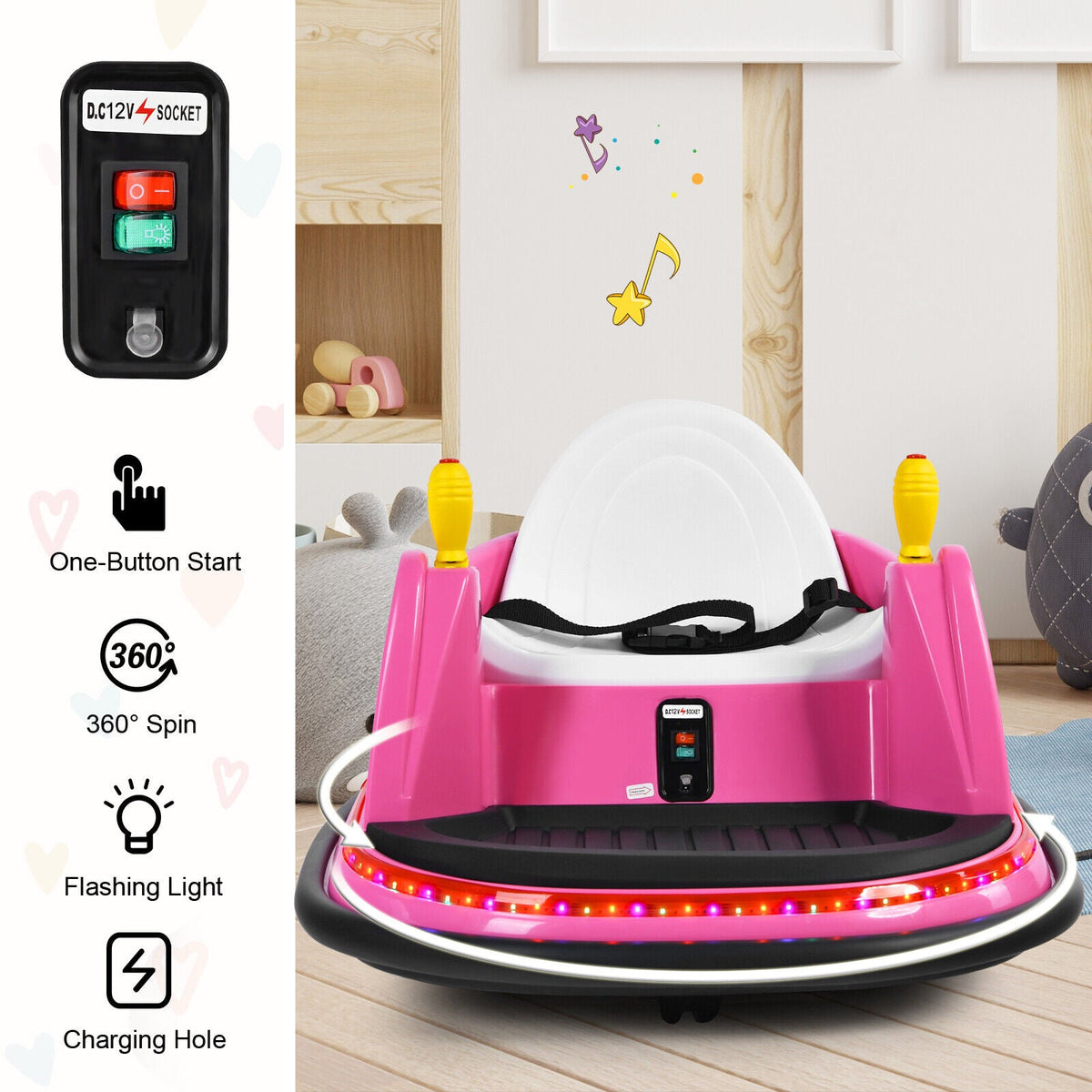 360° Spin Race Bumper Car for Kids with Remote Control - Pink 12V Vehicle MagicCars