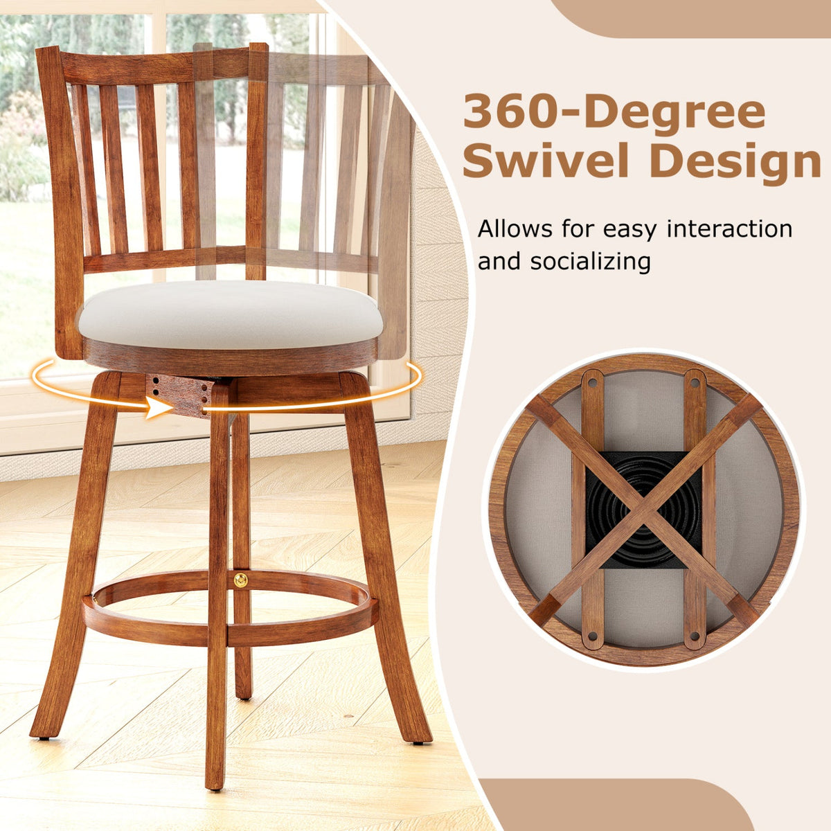 360¬∞ Rotating Counter Height Chairs Set of 2 with Upholstered Seat and Backrest