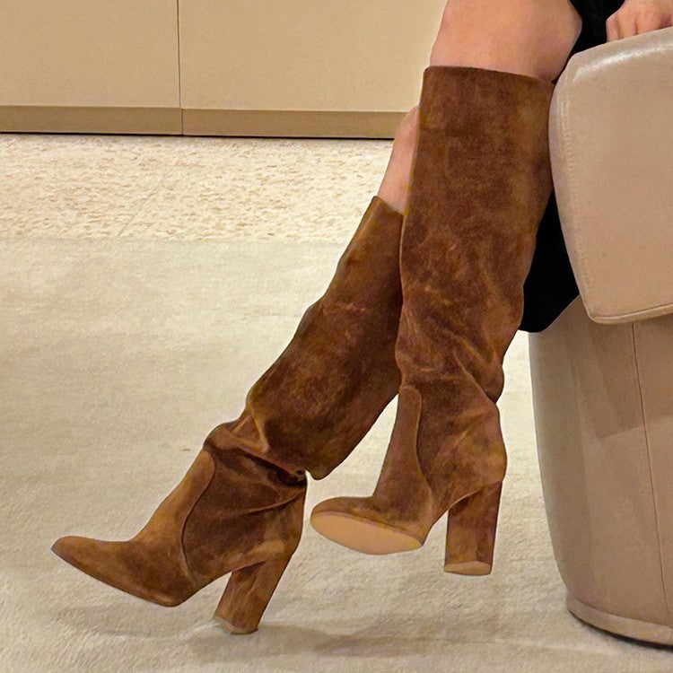 Suede Pleated High Heel Thick Heel Pointed Sleeve Boots