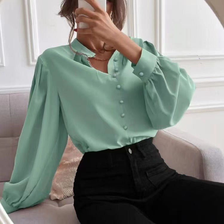 Solid Color Round Neck Long Sleeve Women's Shirt for Commute Style