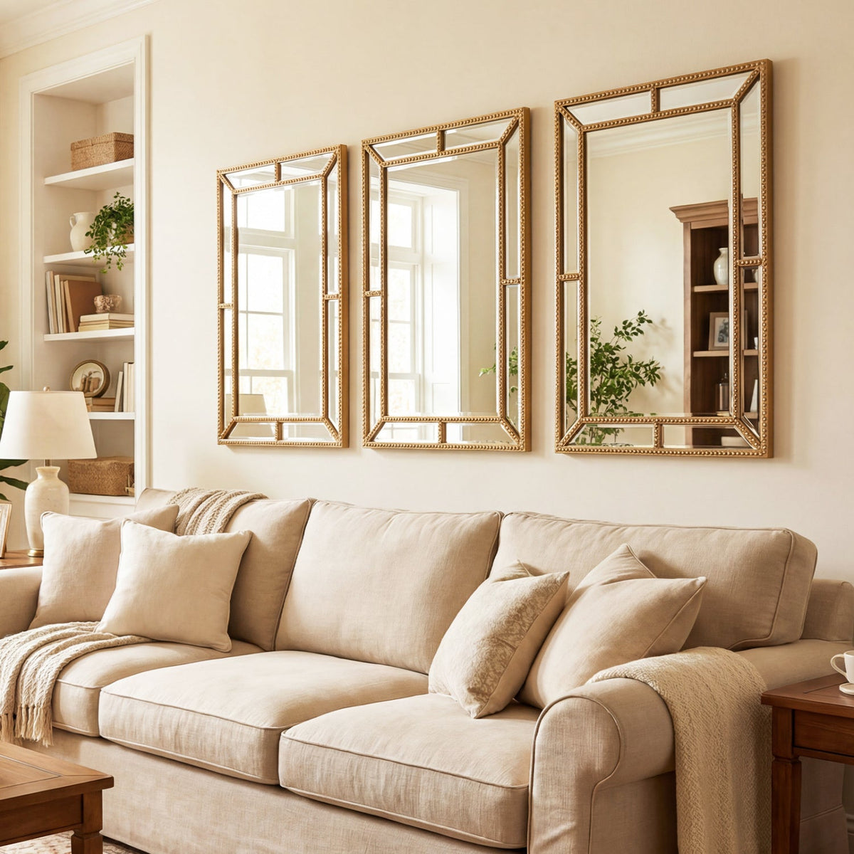 36 x 24 Inch Gold Wall Mirror with Beaded Frame for Living Room