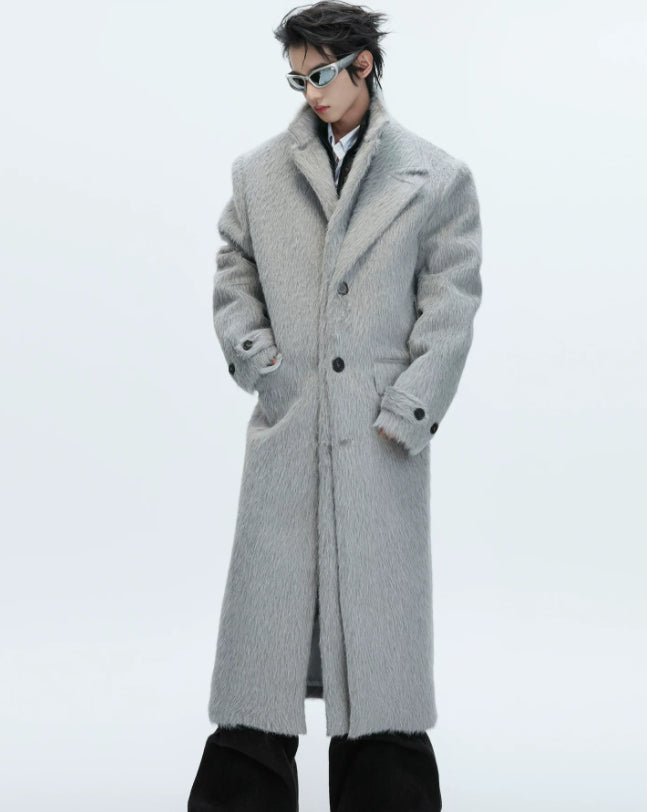Short-pile Faux Two-piece Wool Coat Long Alpaca-blend Trench Coat
