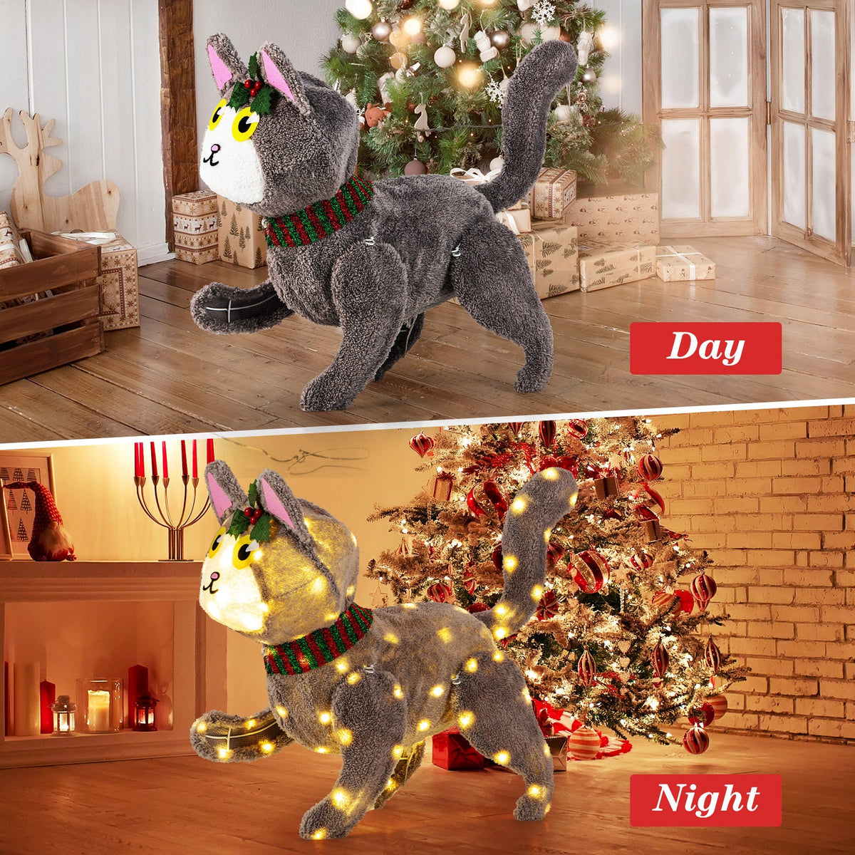 Pre-lit 88 LED Light Up 3D Cute Cat with Warm White Light and Plug