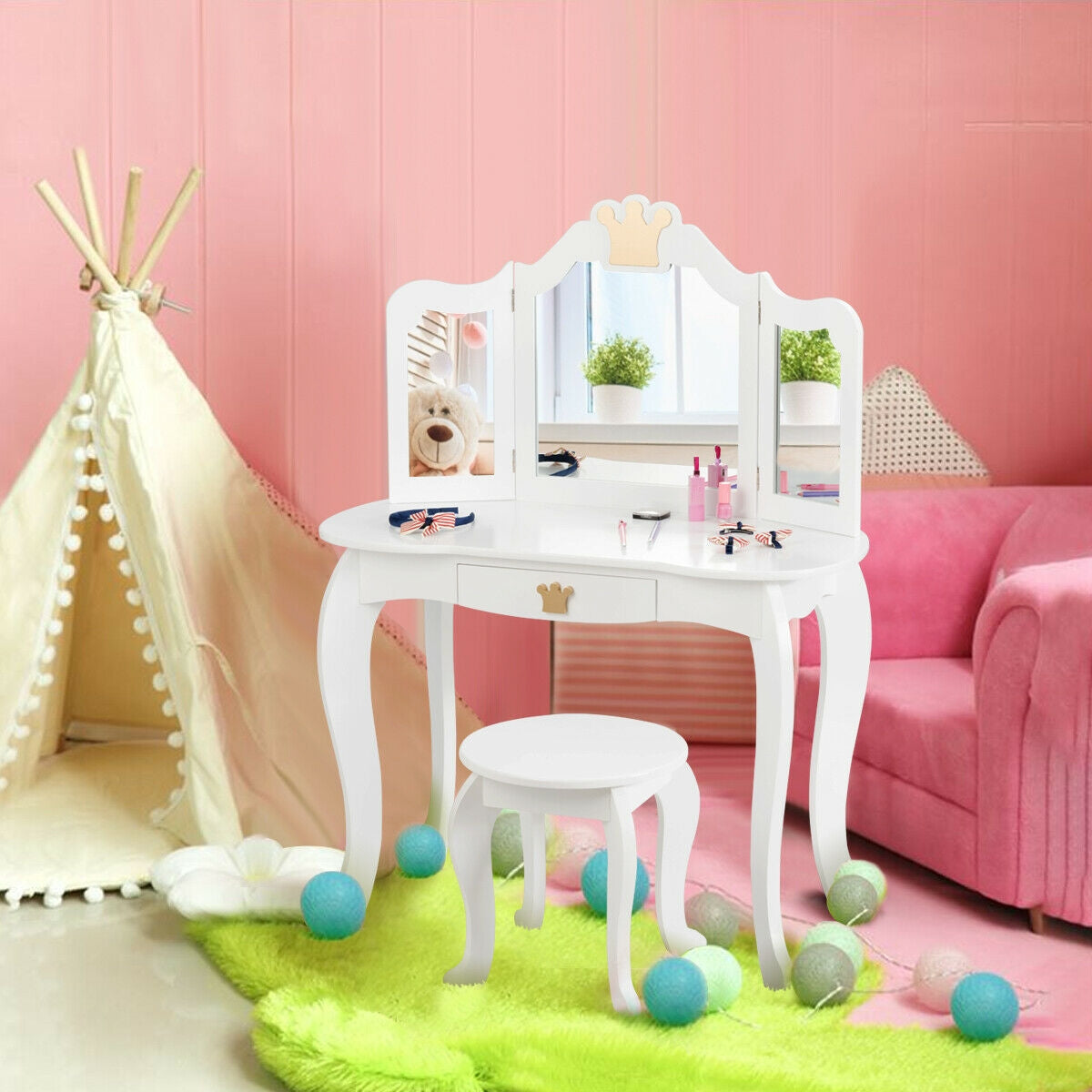 Kids Makeup Dressing Table with Tri-folding Mirror and Stool-White GBruno Store