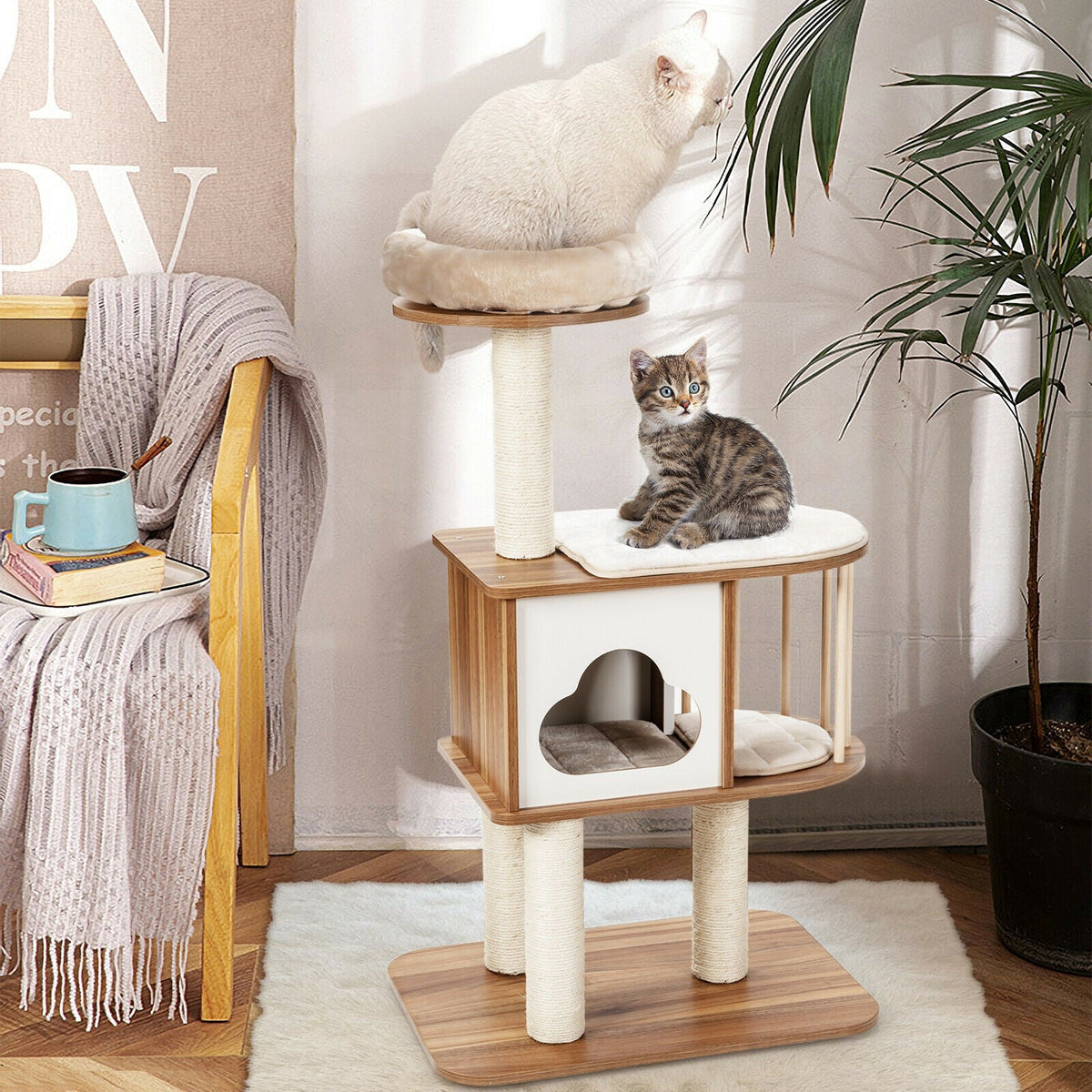 46 Inch Wooden Cat Activity Tree with Platform and Cushions