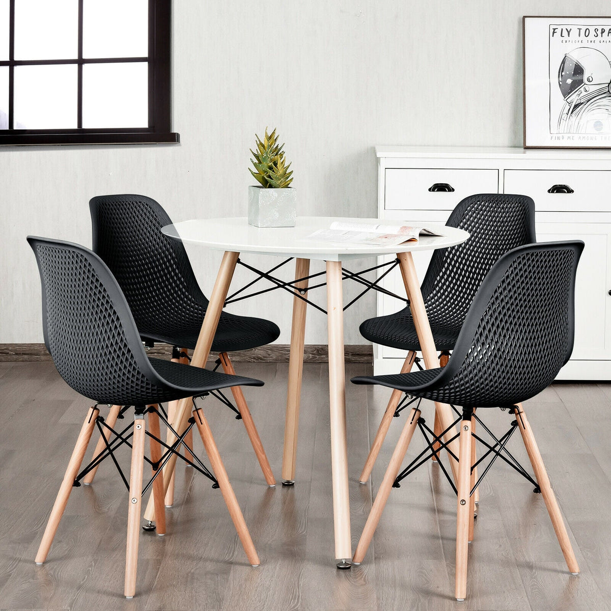 4 Pieces Modern Plastic Hollow Chair Set with Wood Leg