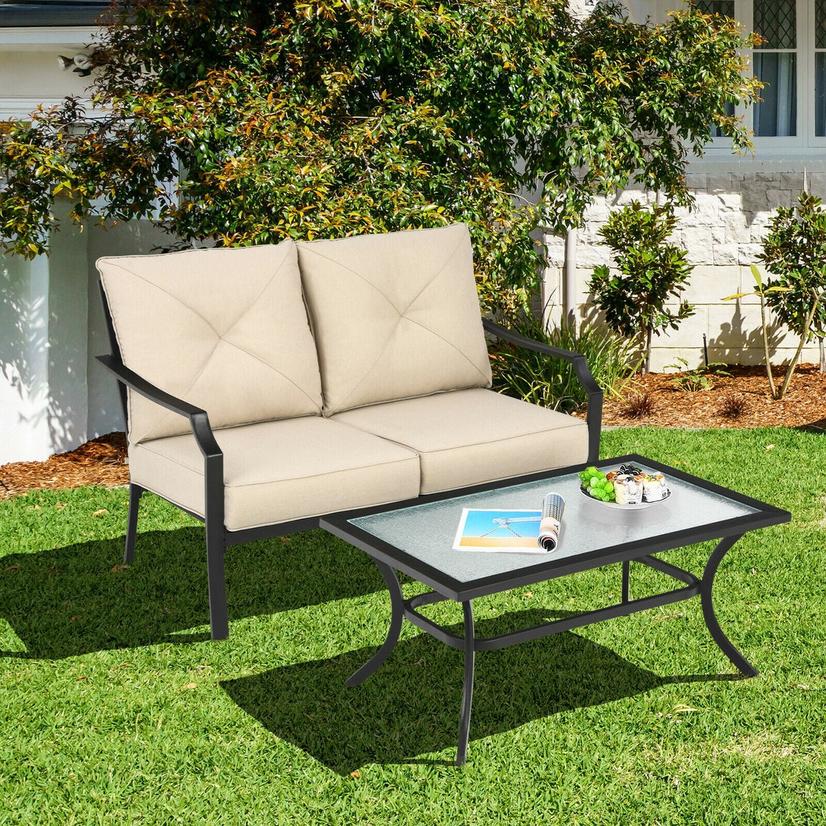 2 Pieces Patio Outdoor Cushioned Sofa Bench with Coffee Table-Beige