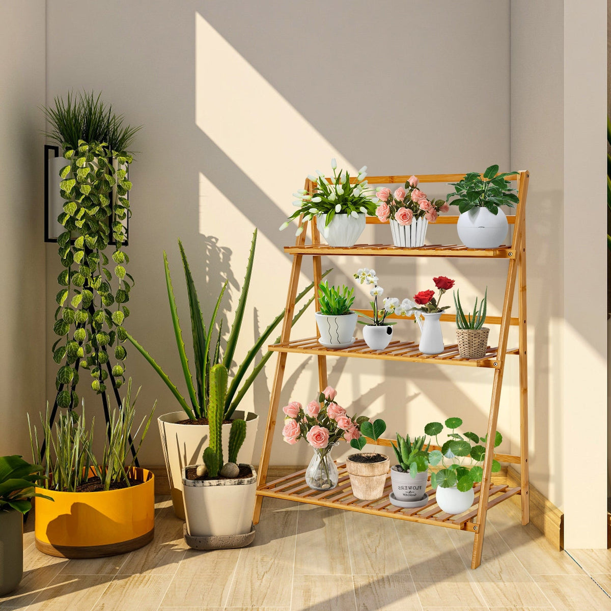 3-Tier Bamboo Foldable Plant Stand with Display Shelf Rack-Natural DirectDeals
