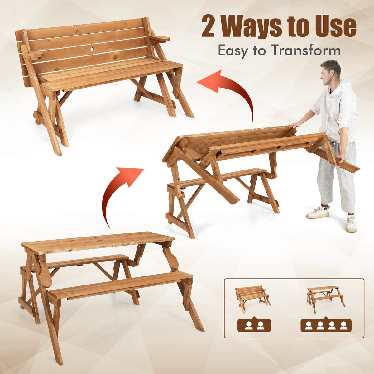 2-in-1 Transforming Interchangeable Wooden Picnic Table Bench with Umbrella Hole-Dark Brown