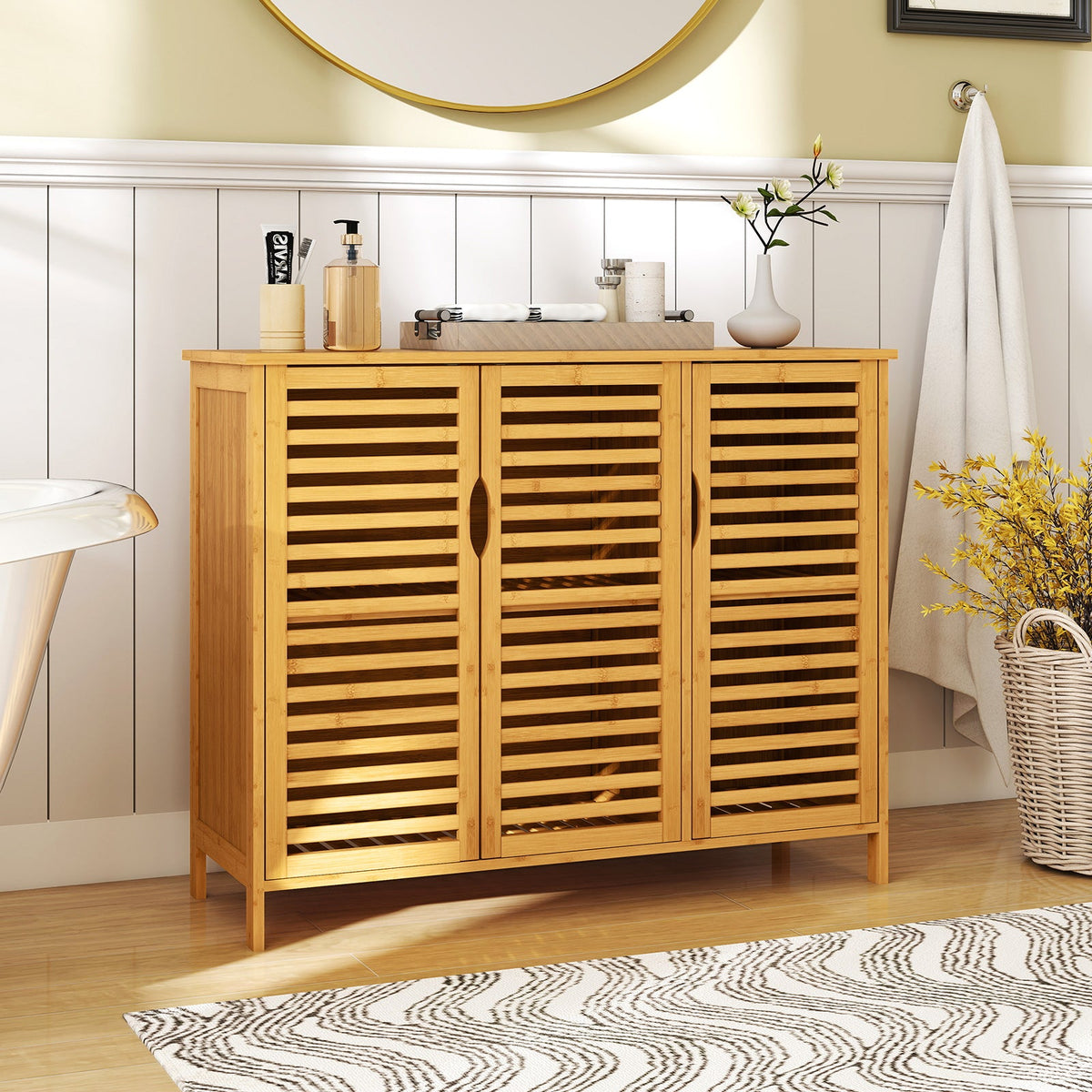 3-Door Bamboo Bathroom Cabinet with Shelves-Natural