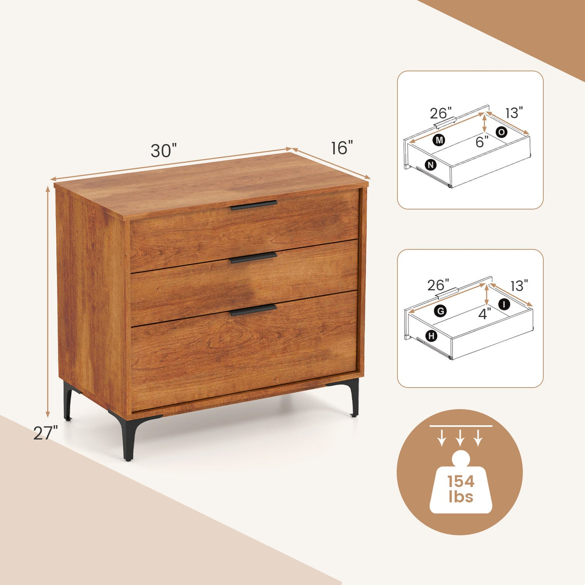 3 Drawer Dresser with Interlock System for Bedroom Living Room-Cherry