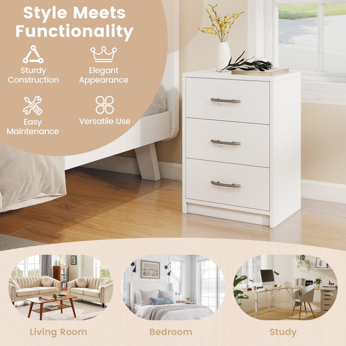 3 Drawer Nightstand with Storage for Living Room-White