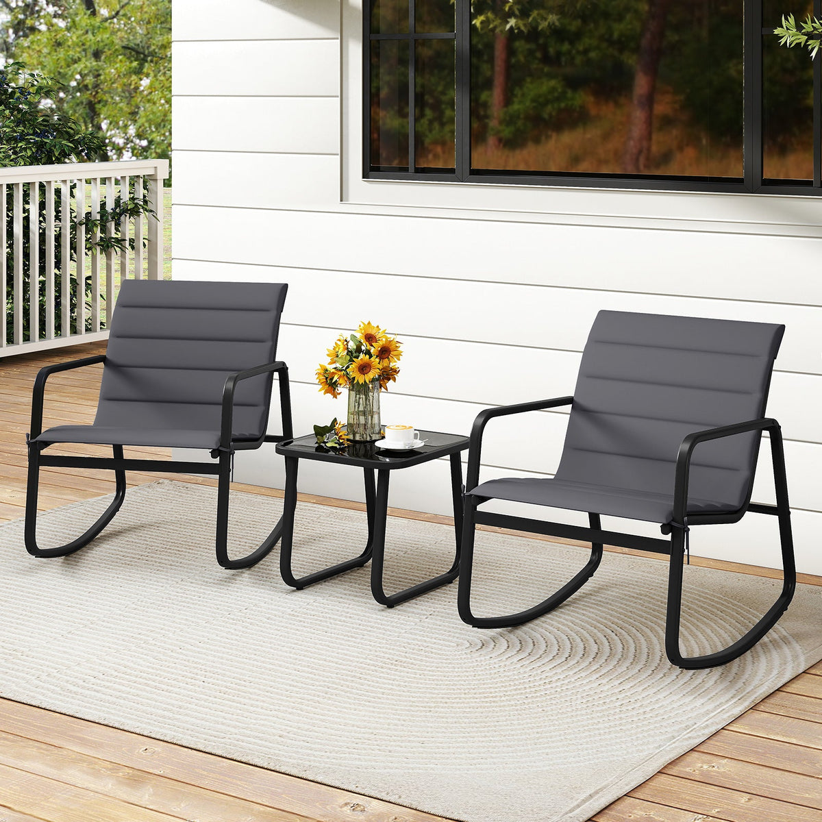 3 Piece Outdoor Rocking Bistro Set Porch Rocker Chairs with Tempered Glass Table-Gray