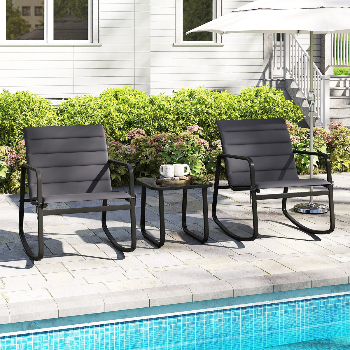 3 Piece Outdoor Rocking Bistro Set Porch Rocker Chairs with Tempered Glass Table-Gray