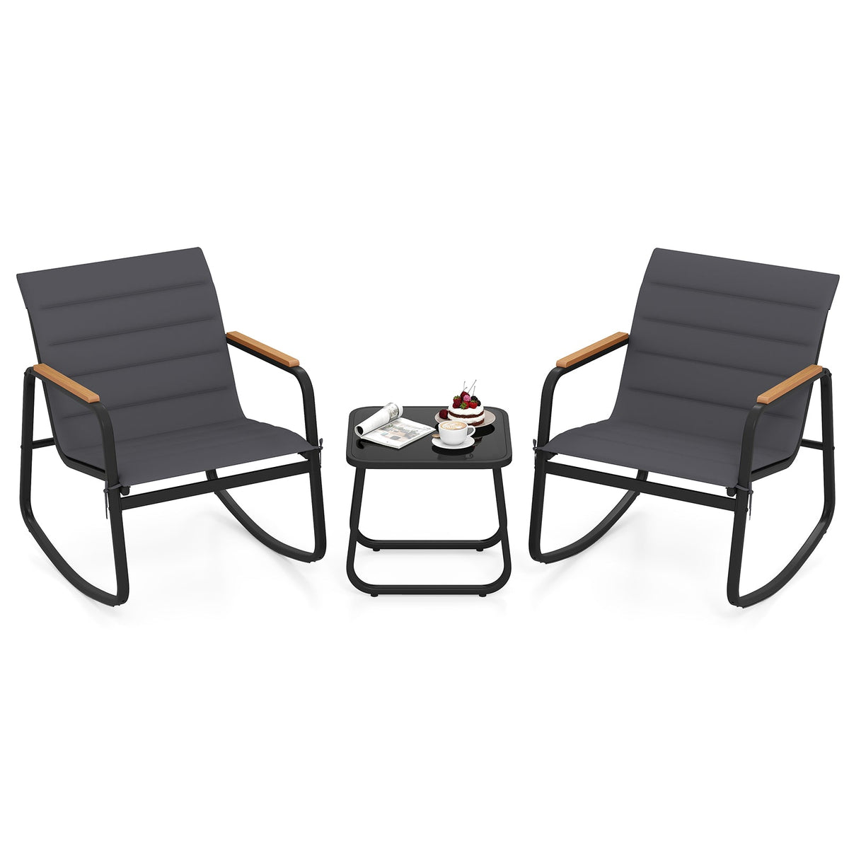 3 Piece Outdoor Rocking Bistro Set Porch Rocker Chairs-Gray