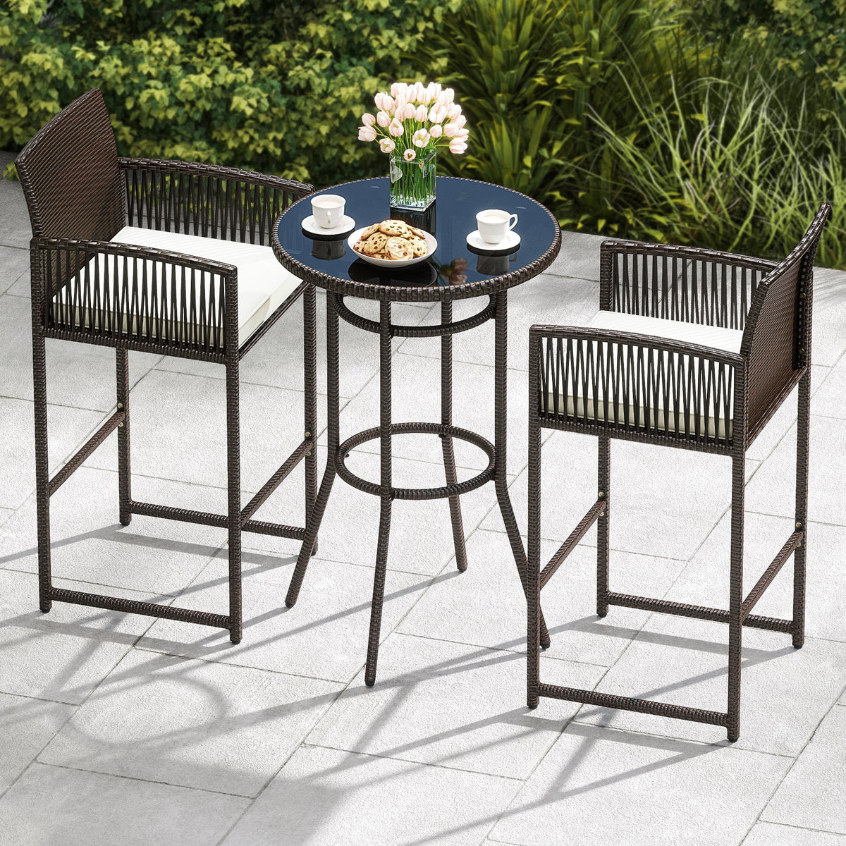 3 Piece Patio Bar Set Outdoor Wicker Bar Height Round Table and Armchairs-White
