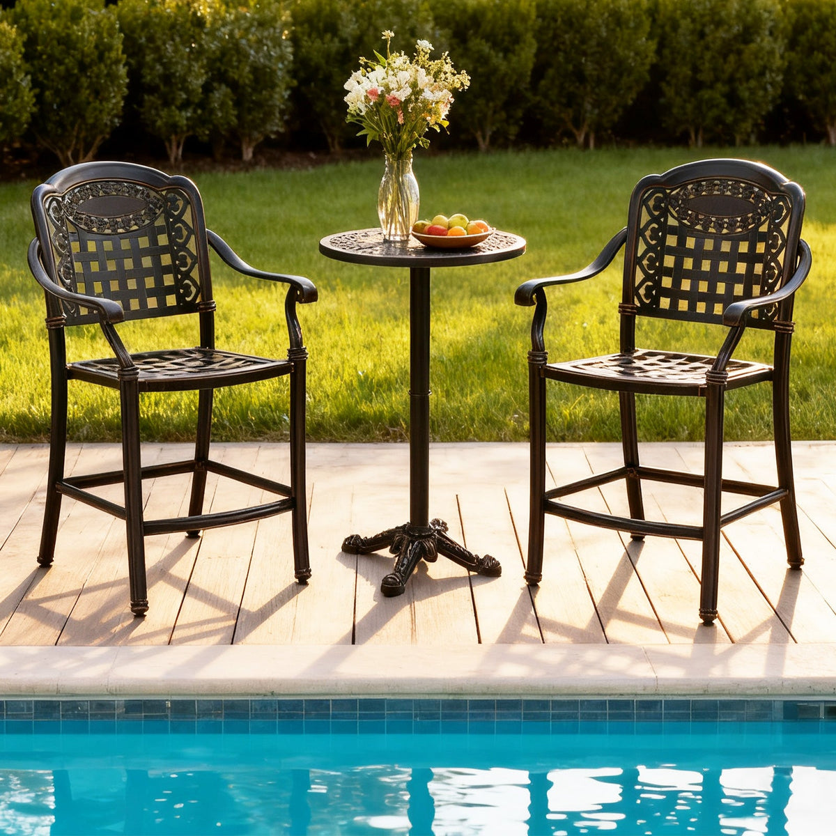 3 Piece Patio Bar Set Outdoor Cast Aluminum Round High Top Table 2 Counter Height Bar Stools