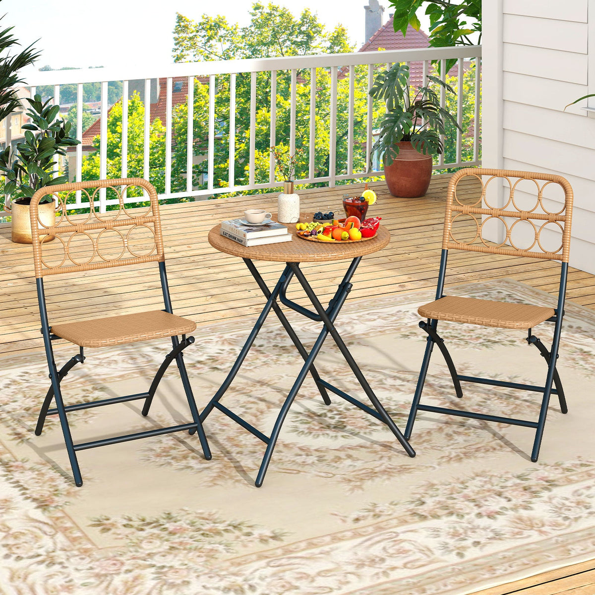 3 Piece Patio Bistro Set Folding Round Table and Chairs with Wicker Seat
