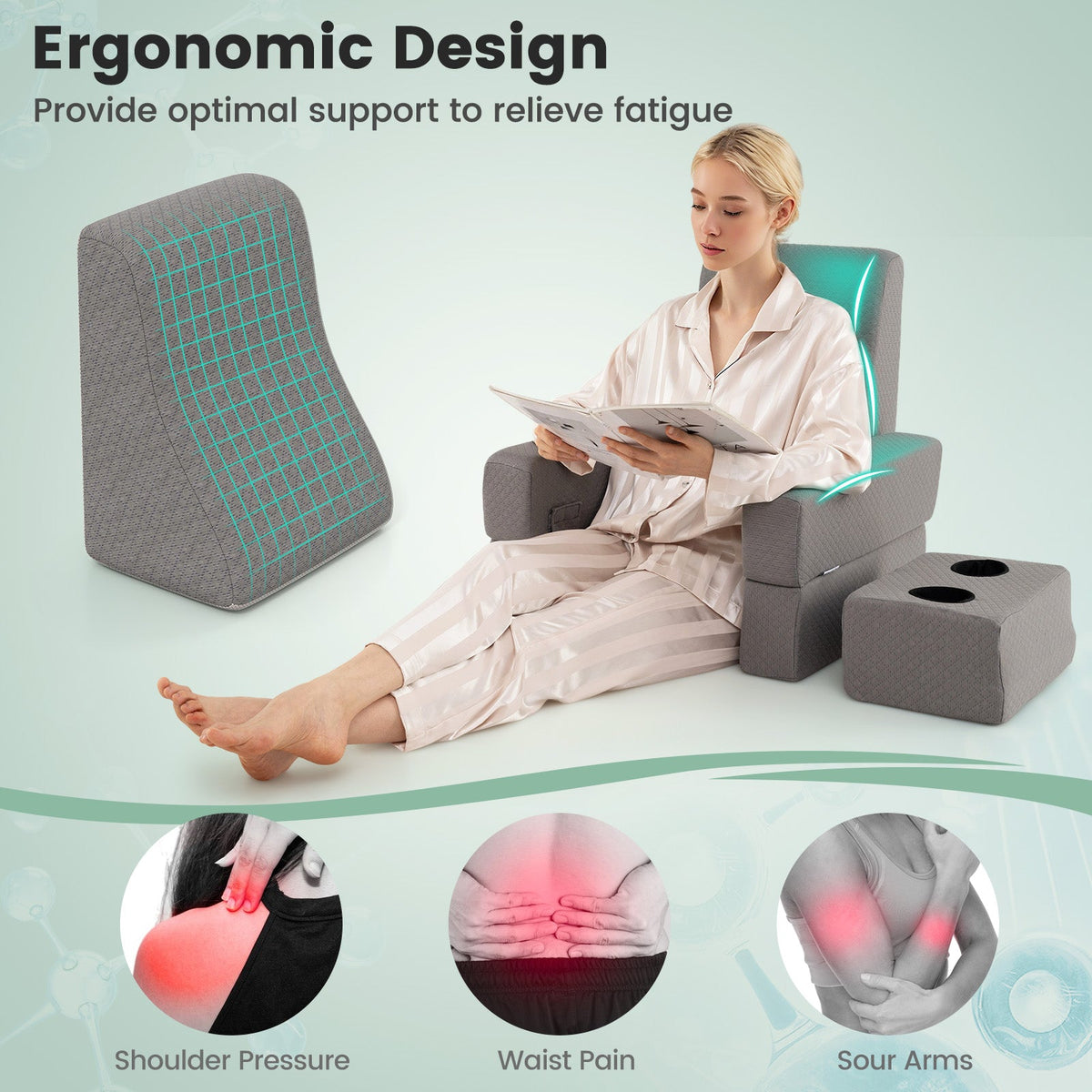 3-Piece Reading Pillow Set Extra Large Lap Desk with Coaster-Gray