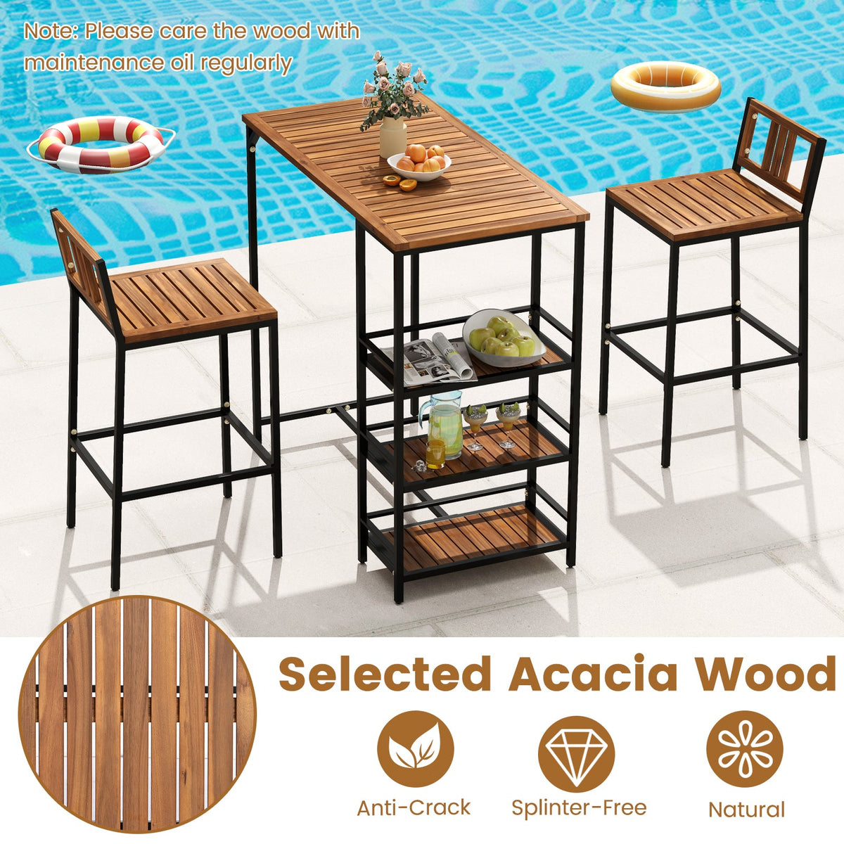 3 Pieces Outdoor Wood Bar Set with 3-Tier Storage Shelf and Metal Frame