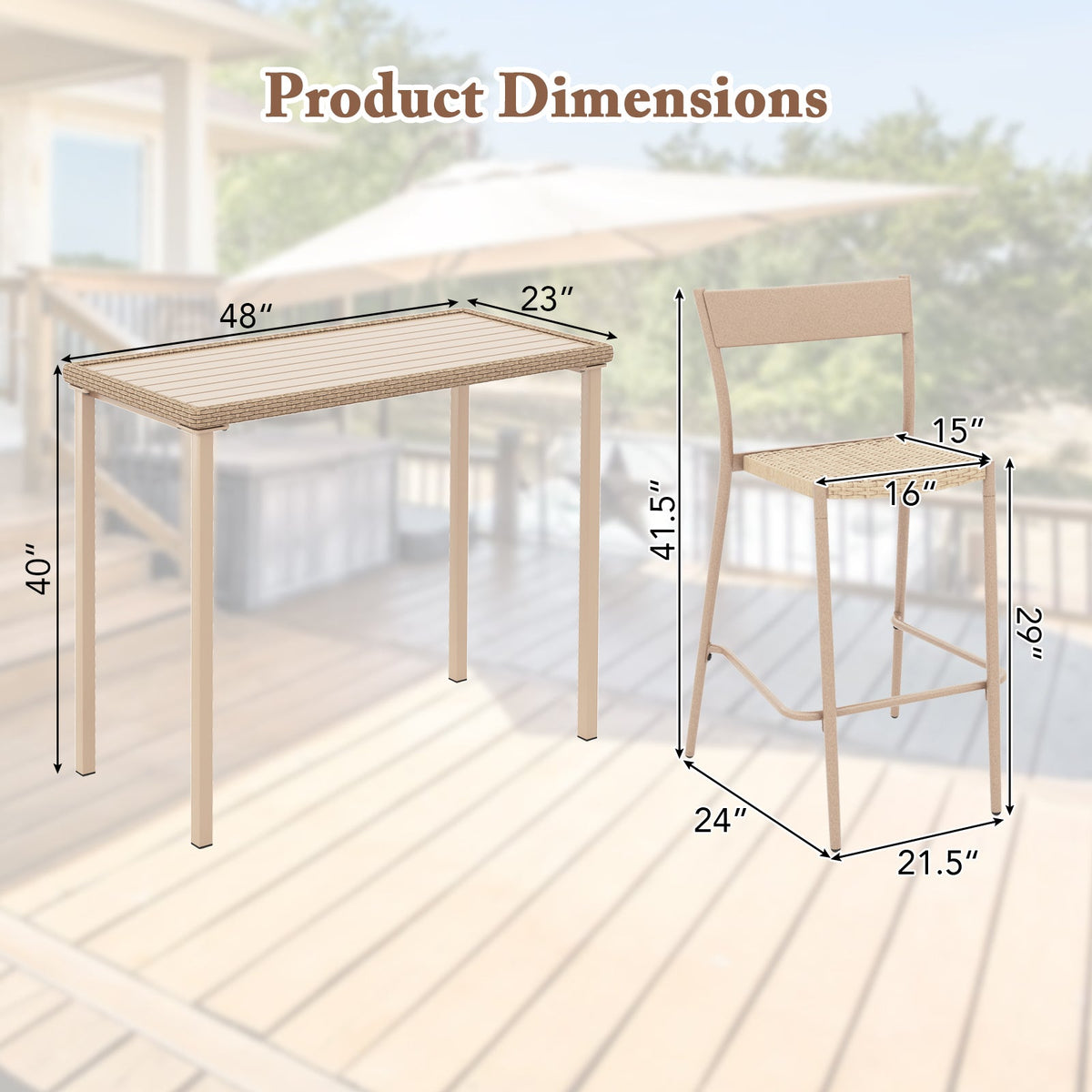 3 Pieces Patio Bar Table Set with Height Table and 2 Armless Chairs