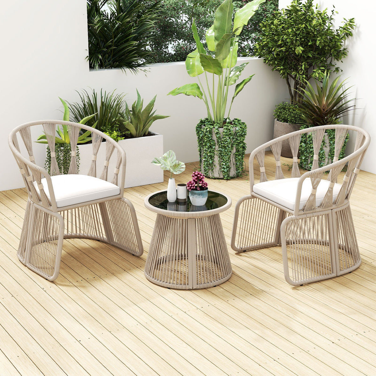 3 Pieces Patio Leisure Chair Set with Rope-Woven Armchairs and Seat Cushions-Off White