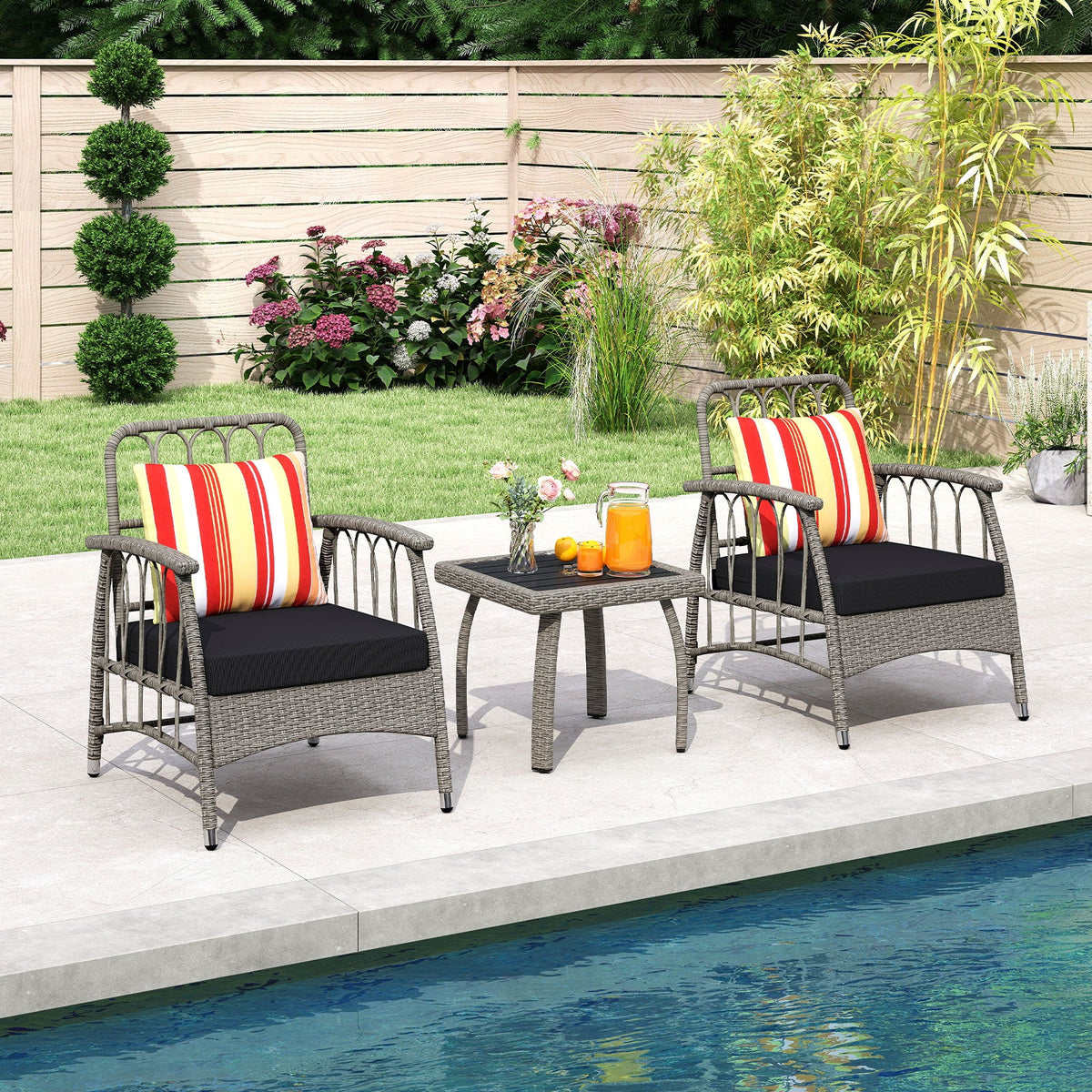 3 Pieces Patio PE Wicker Furniture Set with 5-Level Adjustable Backrest-Gray