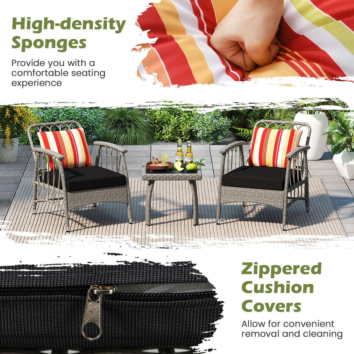 3 Pieces Patio PE Wicker Furniture Set with 5-Level Adjustable Backrest-Gray
