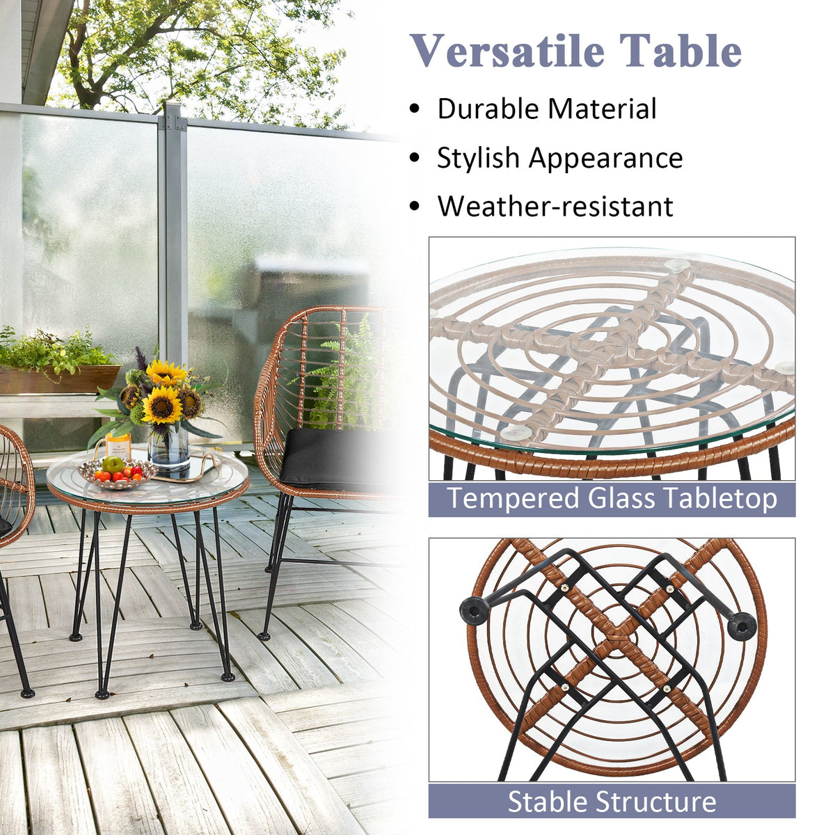 3 Pieces Patio Rattan Bistro Set with Cushion