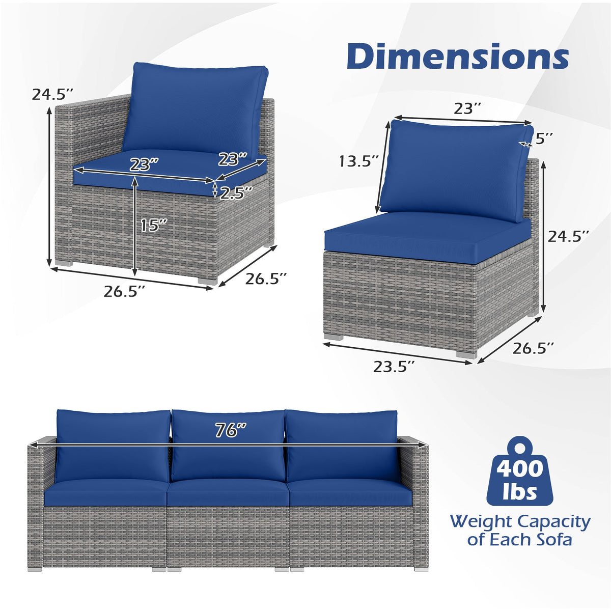 3 Pieces Patio Sectional Sofa Set PE Rattan Modular Couch Furniture Set with Soft Cushions