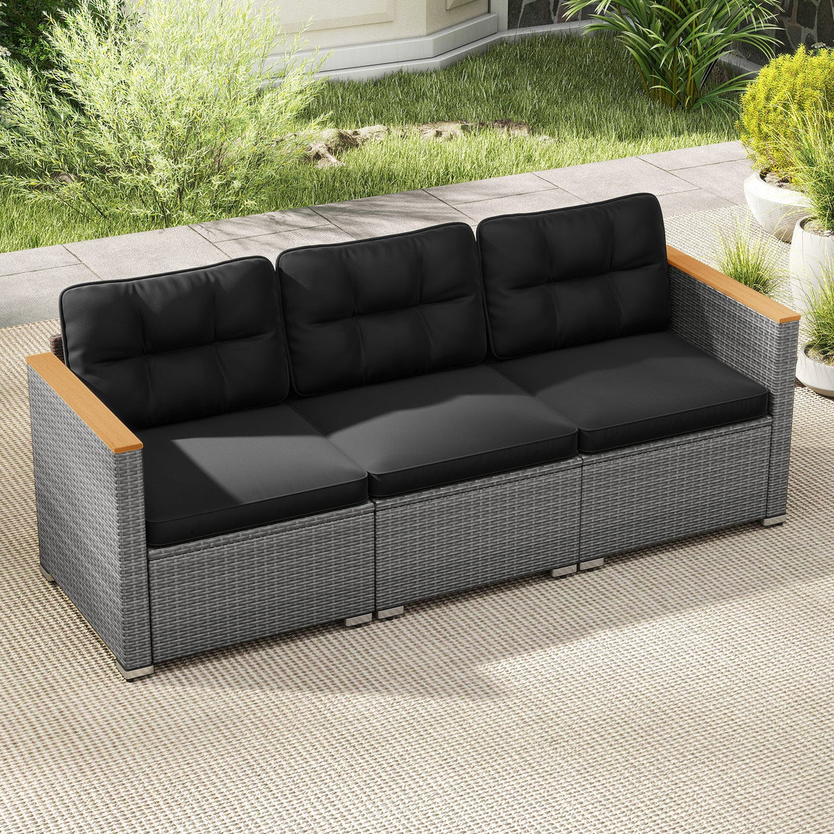 3-Seat Patio Couch Sofa PE Rattan Loveseat Furniture Set with Deep Seating and Cushion-Mix Grey