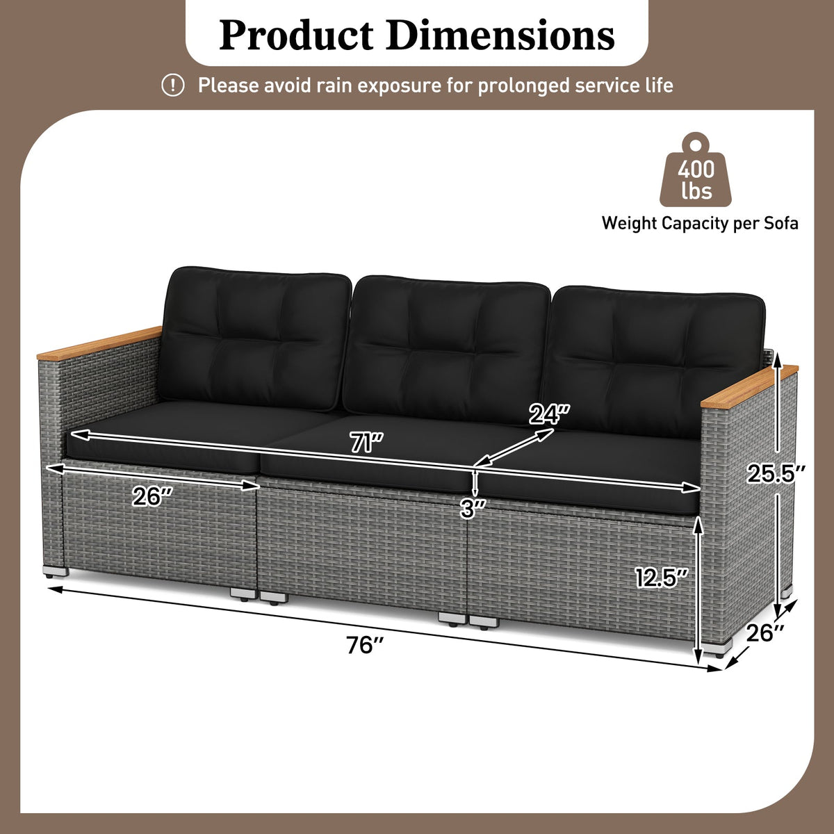 3-Seat Patio Couch Sofa PE Rattan Loveseat Furniture Set with Deep Seating and Cushion-Mix Grey
