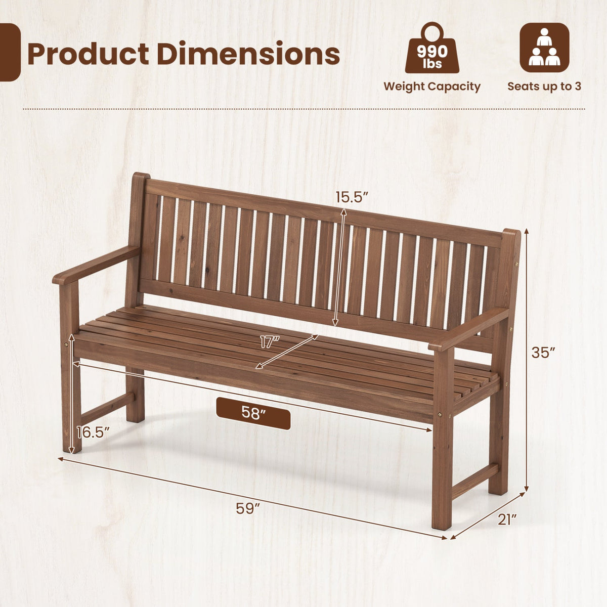 3-Seater Wooden Garden Bench with Backrest, 59 Inch DirectDeals