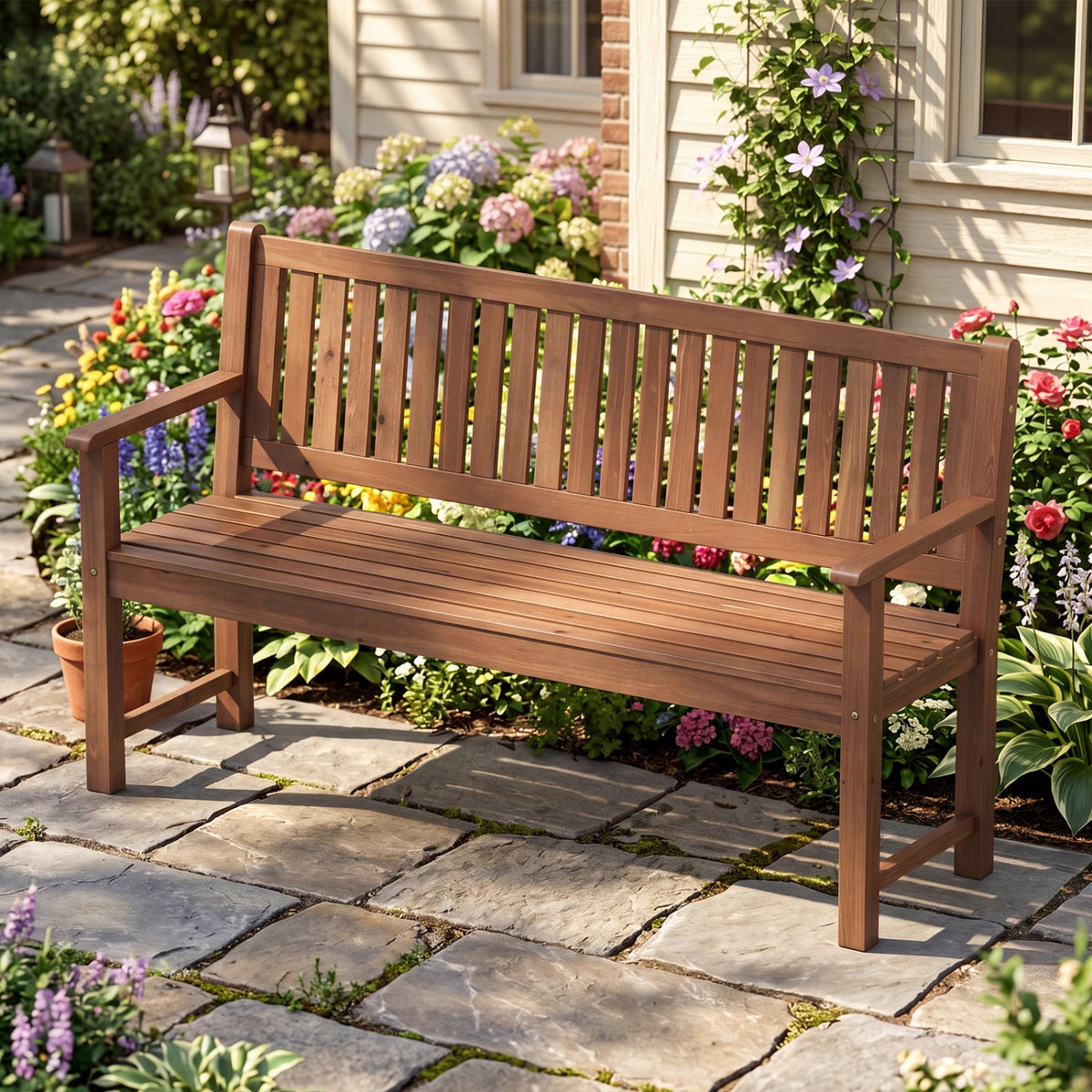 3-Seater Wooden Garden Bench with Backrest, 59 Inch DirectDeals