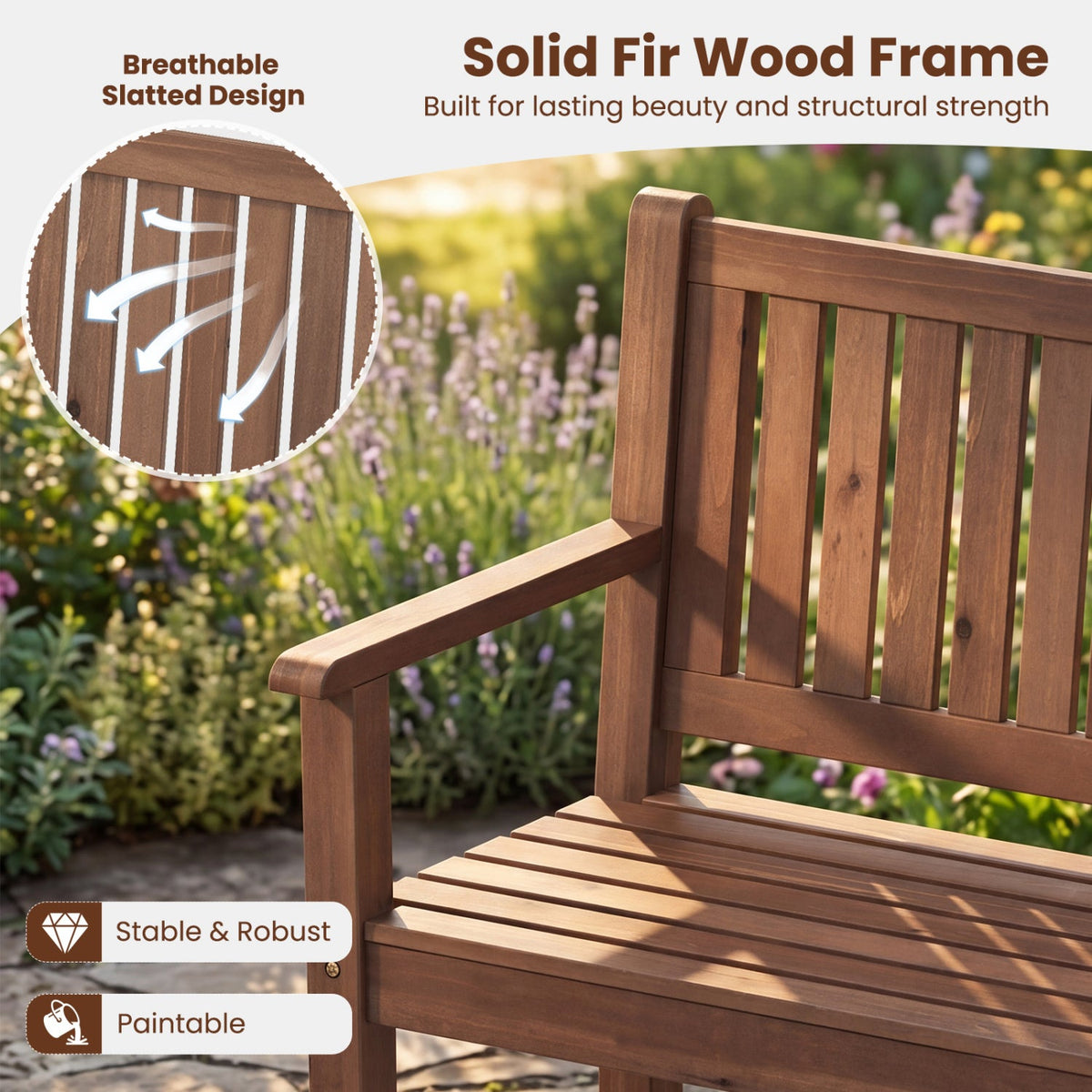 3-Seater Wooden Garden Bench with Backrest, 59 Inch DirectDeals