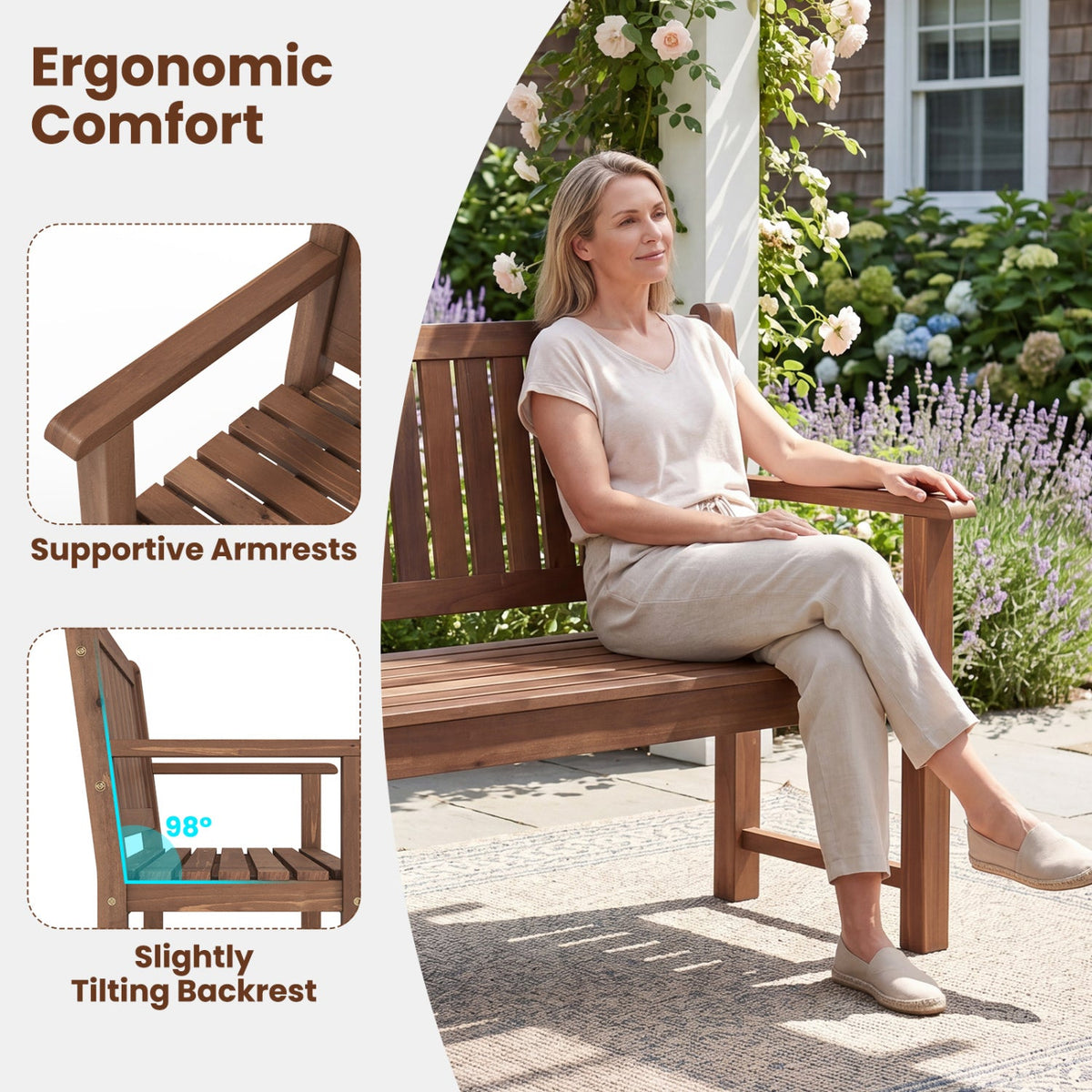 3-Seater Wooden Garden Bench with Backrest, 59 Inch DirectDeals