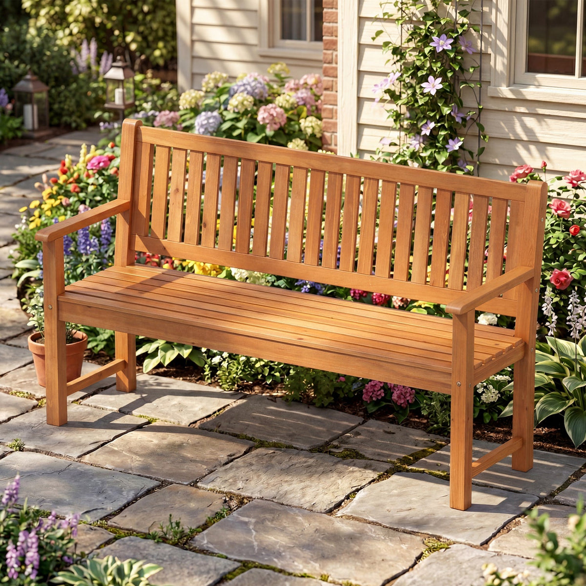 3-Seater Wooden Garden Bench with Backrest, 59 Inch DirectDeals