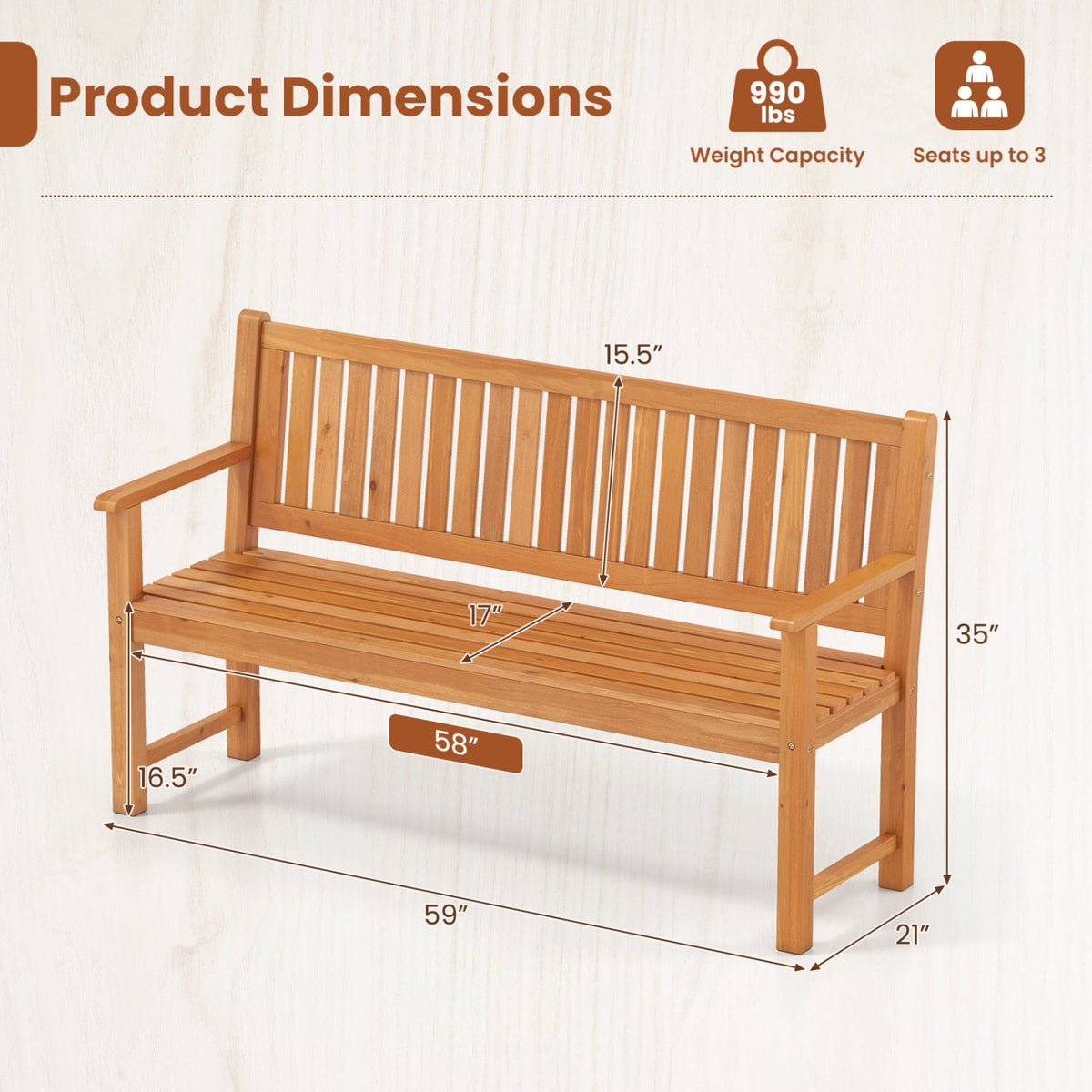 3-Seater Wooden Garden Bench with Backrest, 59 Inch DirectDeals