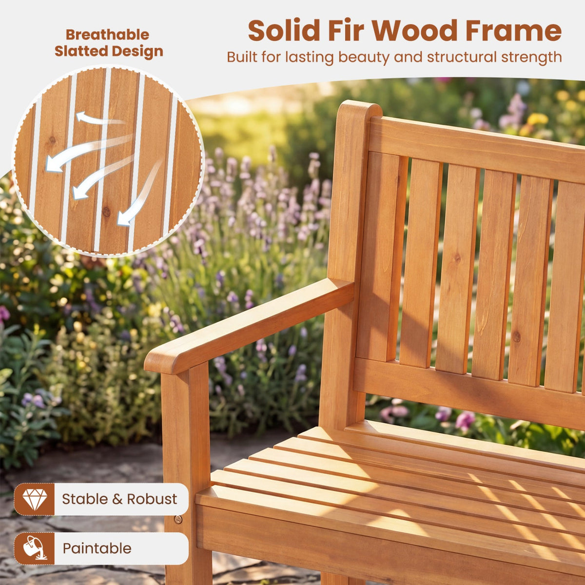 3-Seater Wooden Garden Bench with Backrest, 59 Inch DirectDeals