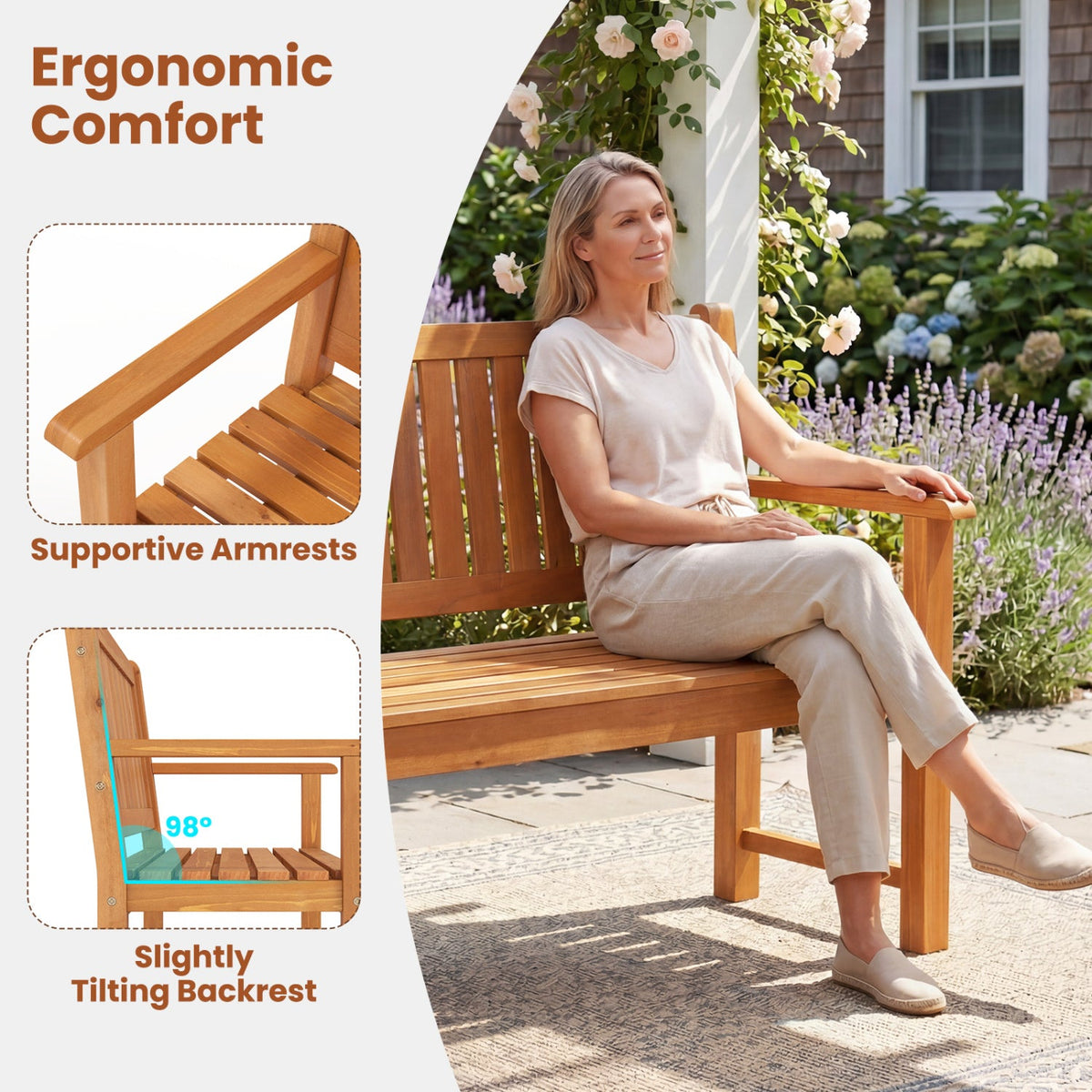 3-Seater Wooden Garden Bench with Backrest, 59 Inch DirectDeals