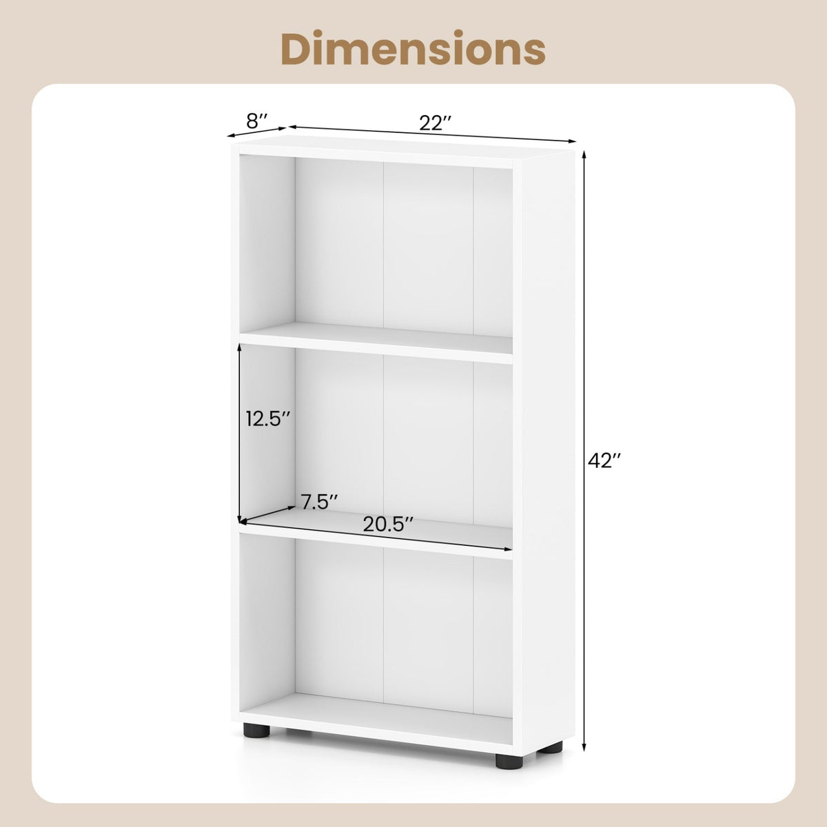 3-Tier Bookcase 42 inch Tall Book Shelf with Anti-Tipping Kit