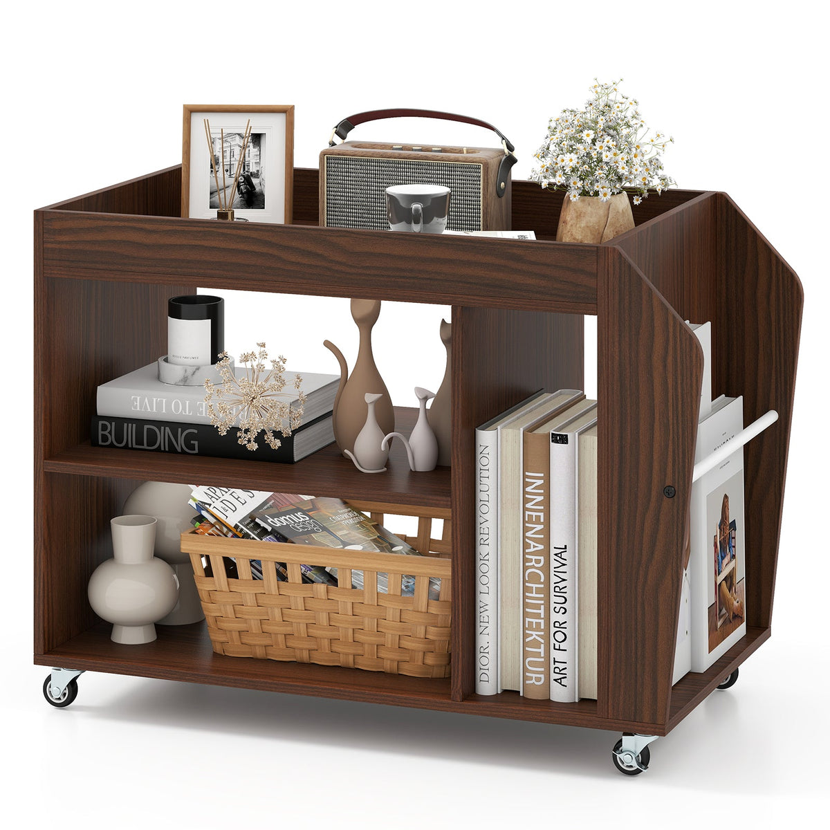 3-Tier Side End Table with Universal Wheels-Walnut