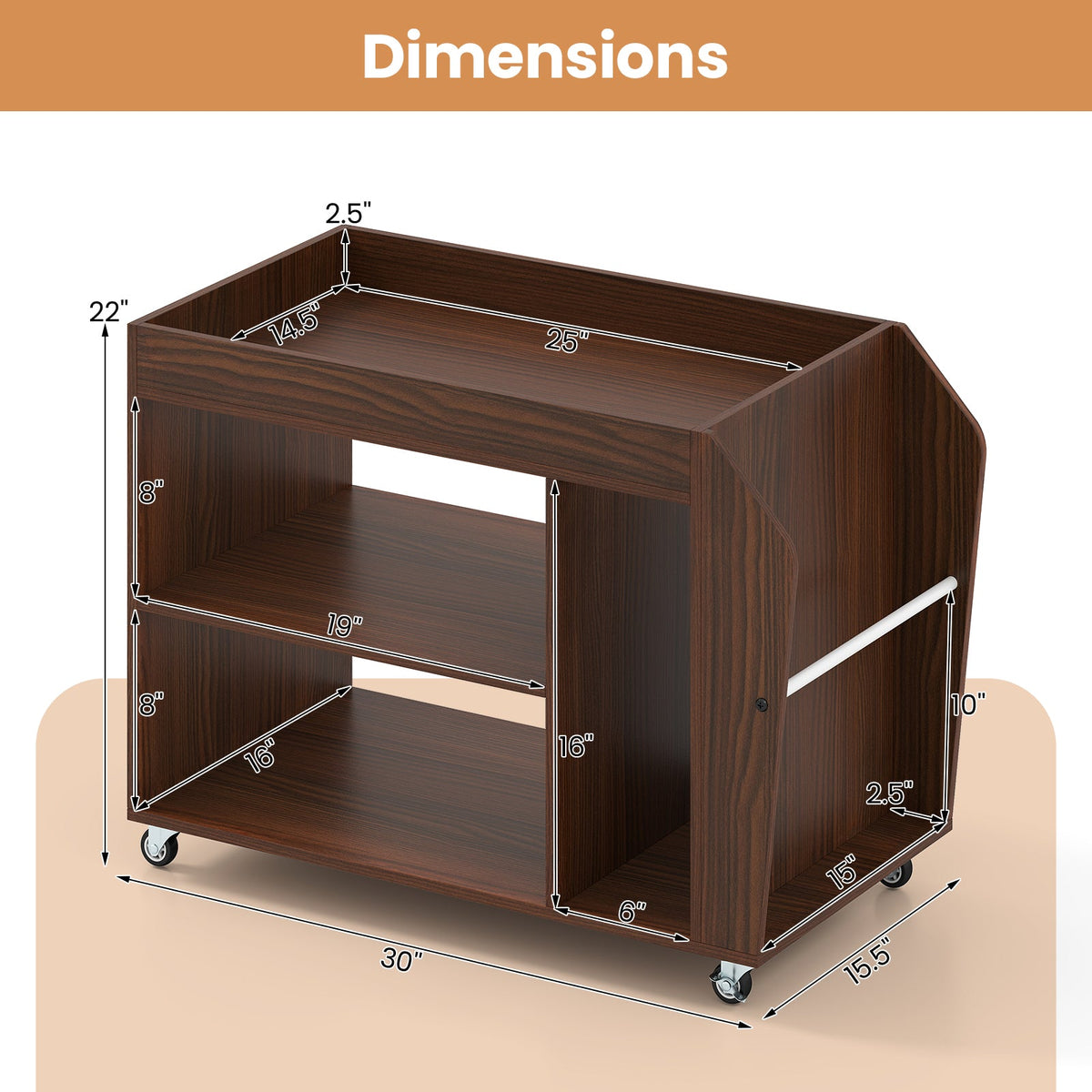 3-Tier Side End Table with Universal Wheels-Walnut