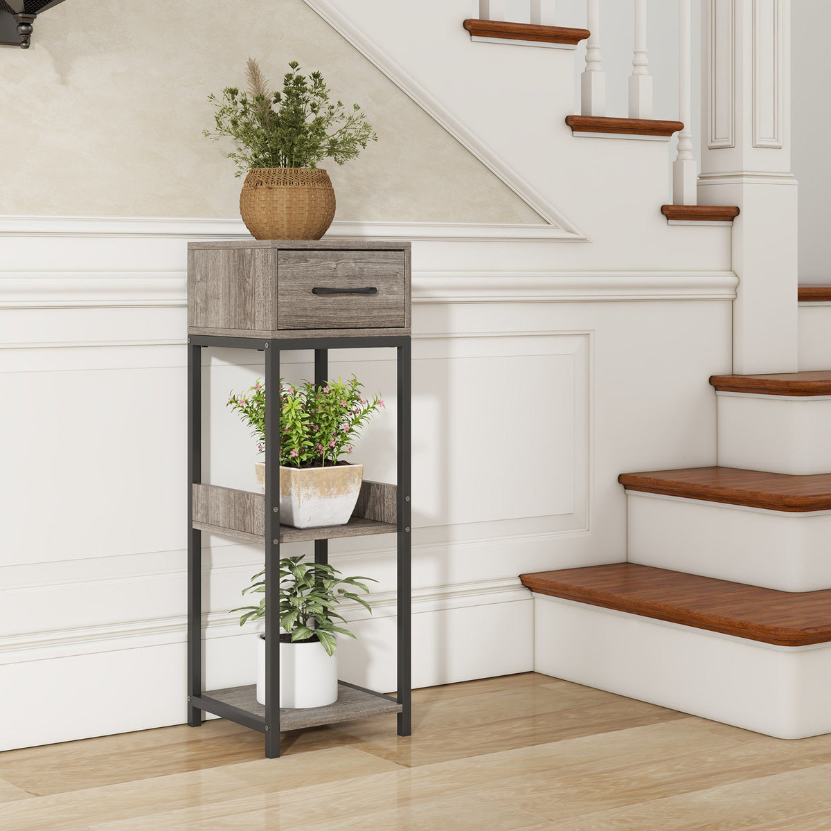 3 Tier Tall Plant Stand with Drawer Anti-tipping Devices-Gray DirectDeals