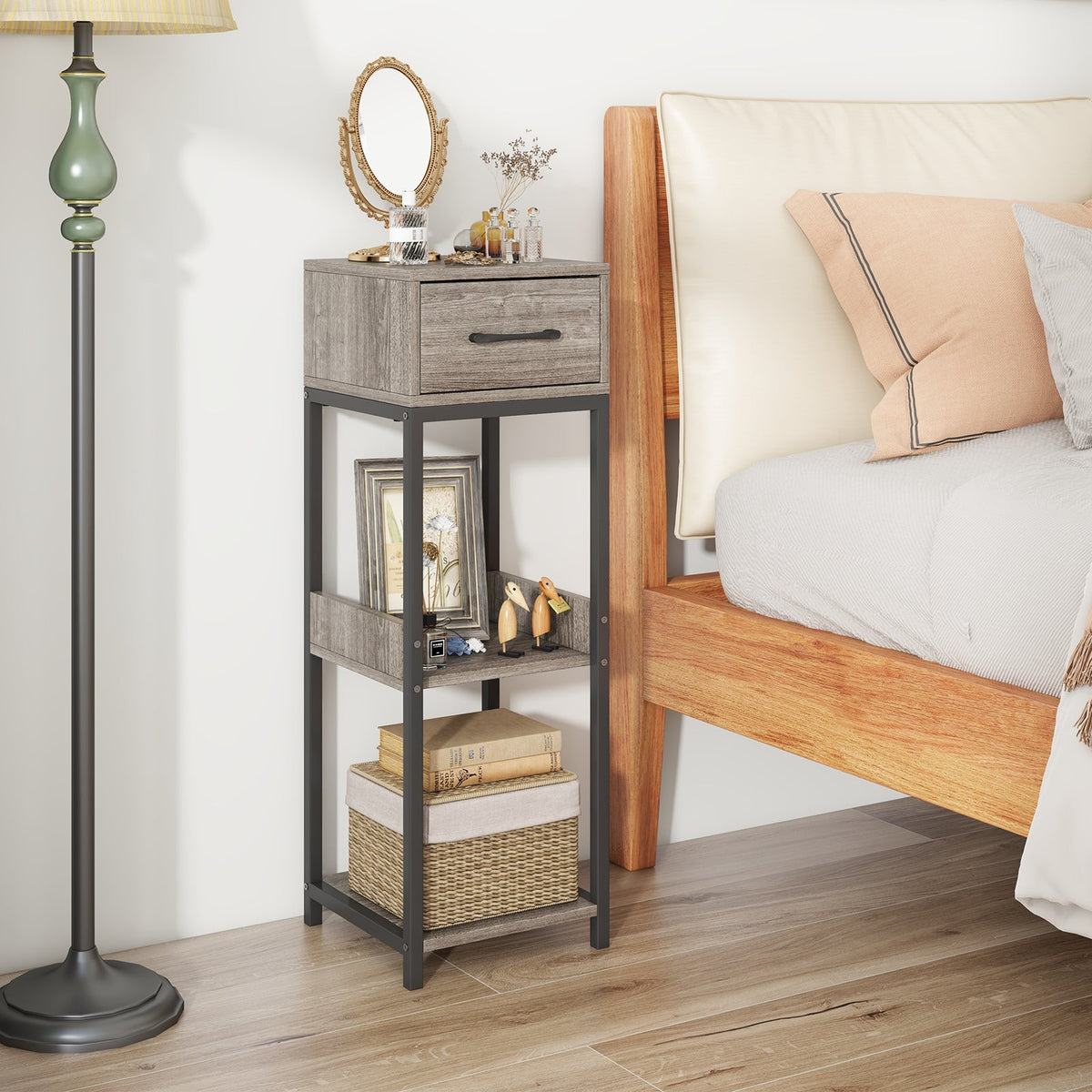 3 Tier Tall Plant Stand with Drawer Anti-tipping Devices-Gray DirectDeals