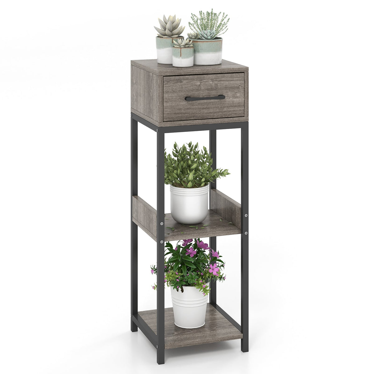 3 Tier Tall Plant Stand with Drawer Anti-tipping Devices-Gray DirectDeals
