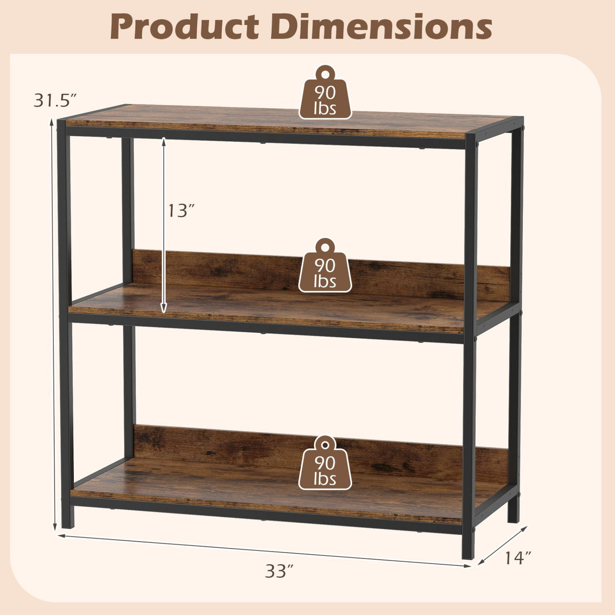3-Tier Industrial Bookshelf with Wooden Shelves and Metal Frame